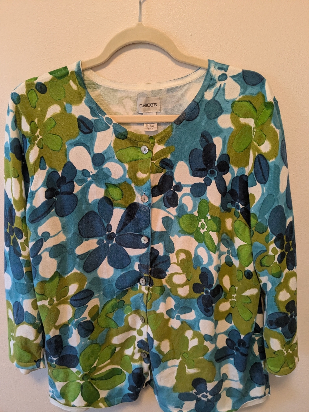 Chico's Teal, Navy & Green Floral Button-Up Sweater